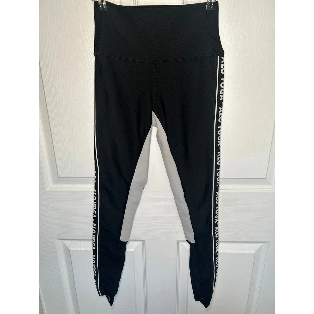 Alo Yoga Leggings High Waist Logo Side Stripe Small Black Mesh Colorblock Active